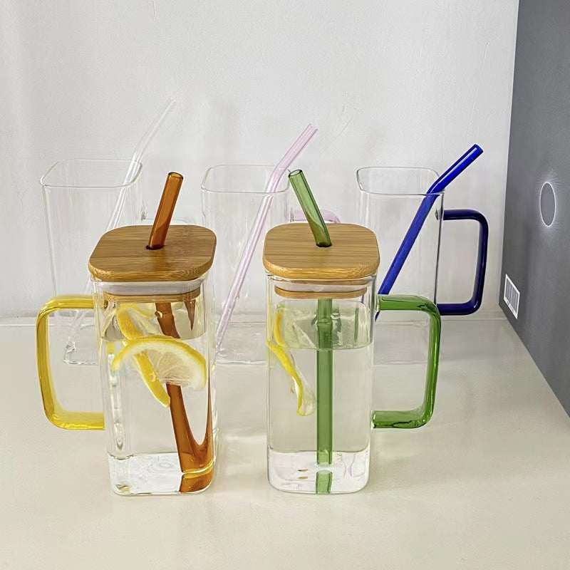 400ml Glass Mug Teacup with Bamboo Lids and Straw