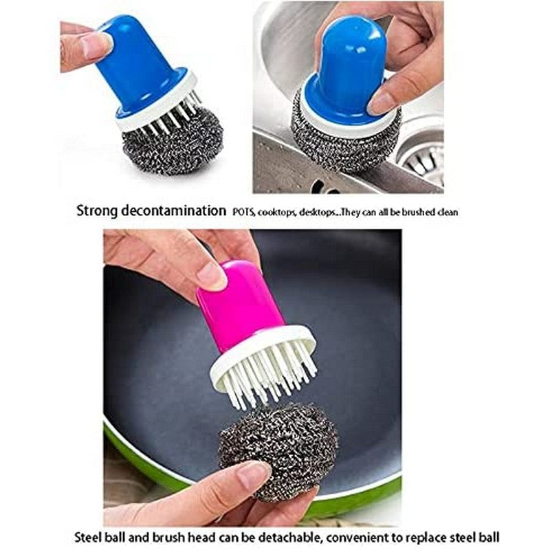 Cleaning Brush Kitchen Stainless Steel Wire Ball with Handle Clean Brush for Dish Bowl Pan Clean Metal Scrubber Ball