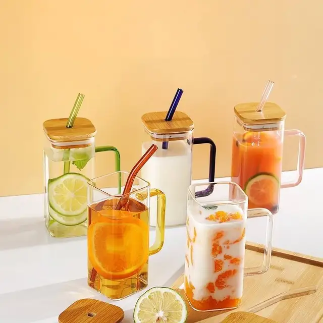 400ml Glass Mug Teacup with Bamboo Lids and Straw