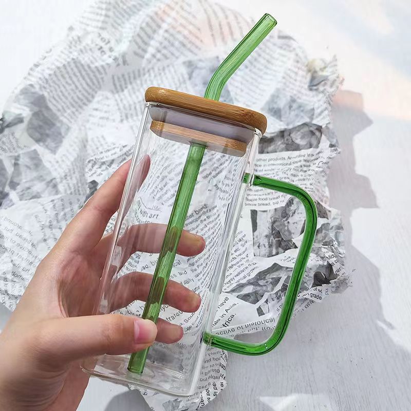 400ml Glass Mug Teacup with Bamboo Lids and Straw