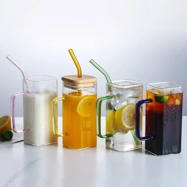 400ml Glass Mug Teacup with Bamboo Lids and Straw
