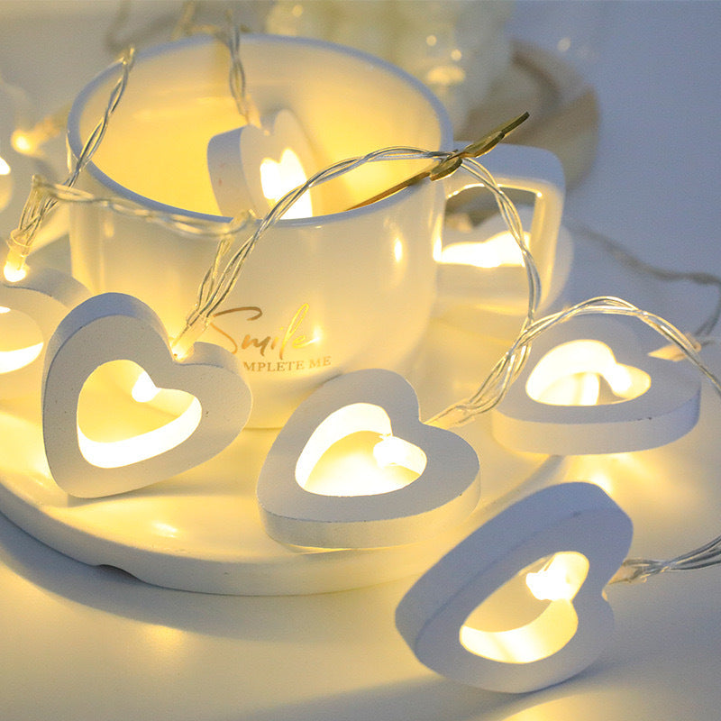Wooden Heart Shaped String Lights (20) Cell+USB Operated