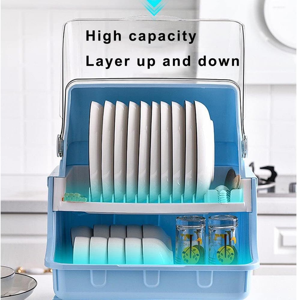 Dish Drying Rack with Lid, 2 Tier Dish Rack with Utensil Holder, Cup Holder and Dish Drainer for Kitchen Counter, Plastic Dish Drain
