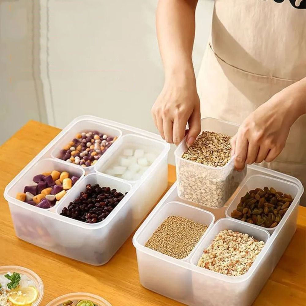 4 Grids Separated Grains Storage Box Rectangle Transparent Spice Container Refrigerator