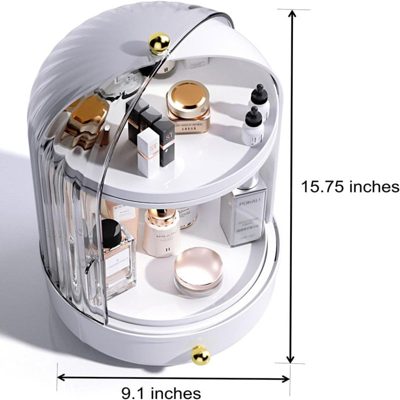 Rotating Makeup Storage with Cover and Drawer, Large Skincare Cosmetics Organizer (Premium Quality)