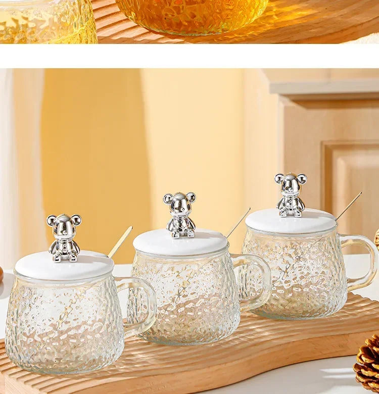 420ml Cute Clear Glass Coffee Mugs Heat-resistant With Lid and Spoon