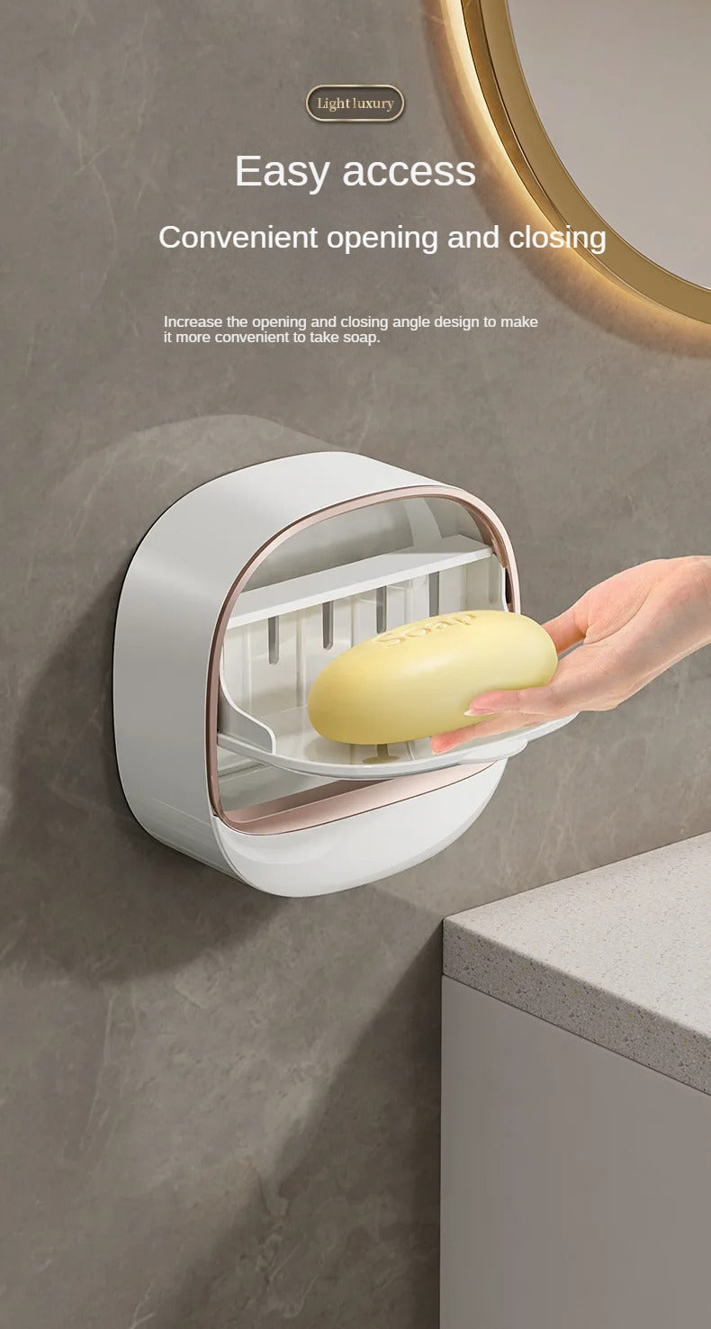 1Pcs Wall Mounted Soap Holder With Lid And Drain Tray