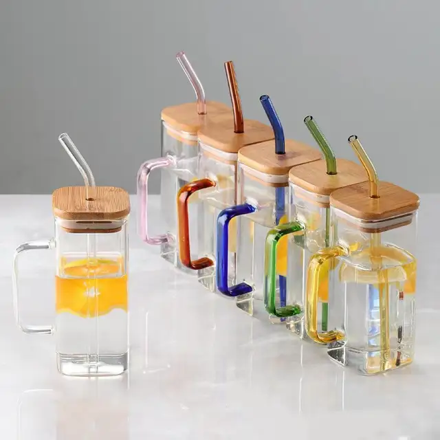 400ml Glass Mug Teacup with Bamboo Lids and Straw