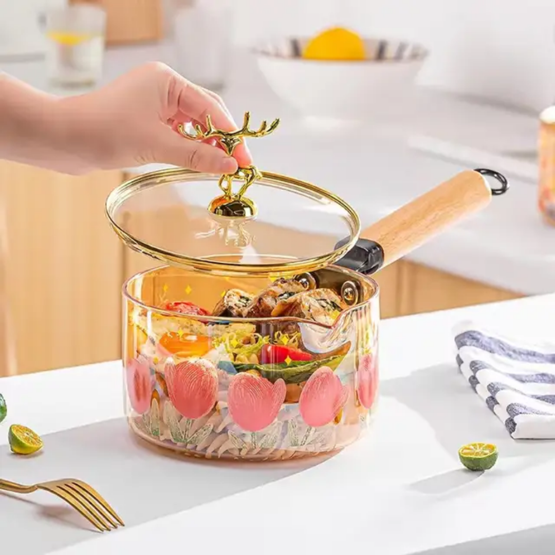 Heat Resistant Borosilicate Glass Cooking Pot Wooden Handle