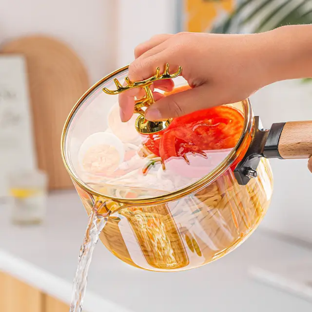 Heat Resistant Borosilicate Glass Cooking Pot Wooden Handle
