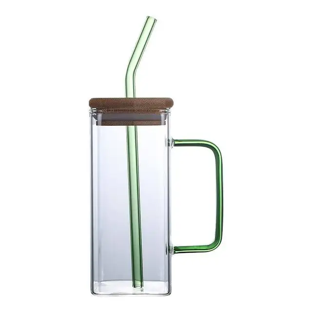 400ml Glass Mug Teacup with Bamboo Lids and Straw