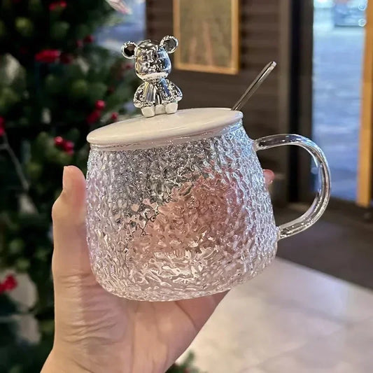 420ml Cute Clear Glass Coffee Mugs Heat-resistant With Lid and Spoon