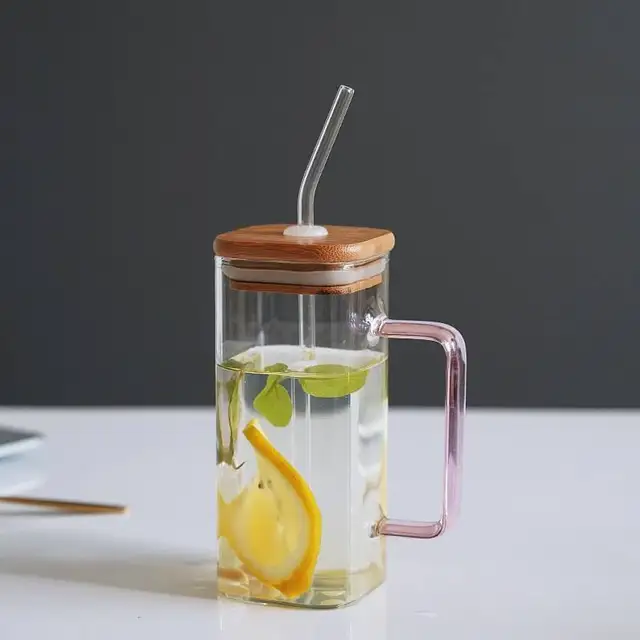 400ml Glass Mug Teacup with Bamboo Lids and Straw