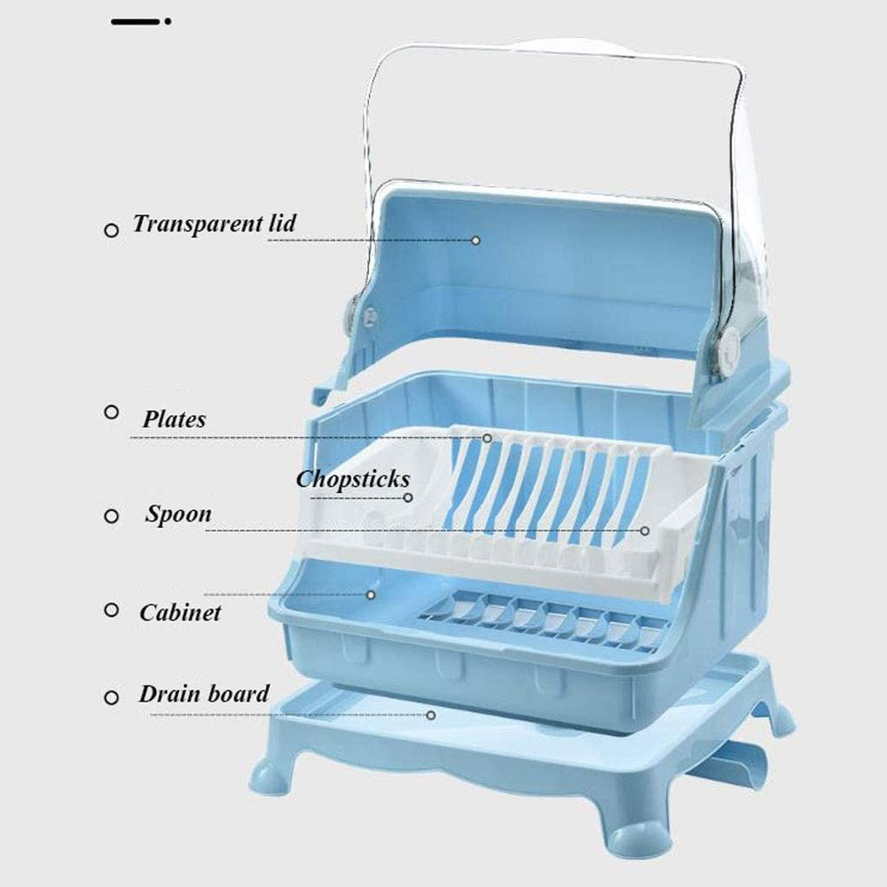 Dish Drying Rack with Lid, 2 Tier Dish Rack with Utensil Holder, Cup Holder and Dish Drainer for Kitchen Counter, Plastic Dish Drain