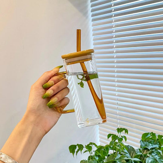 400ml Glass Mug Teacup with Bamboo Lids and Straw
