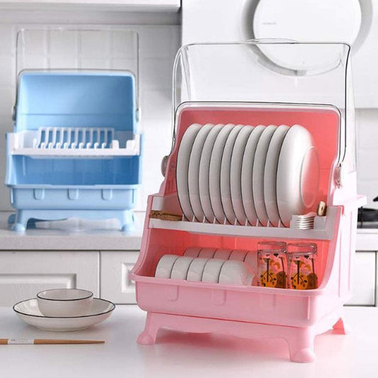 Dish Drying Rack with Lid, 2 Tier Dish Rack with Utensil Holder, Cup Holder and Dish Drainer for Kitchen Counter, Plastic Dish Drain