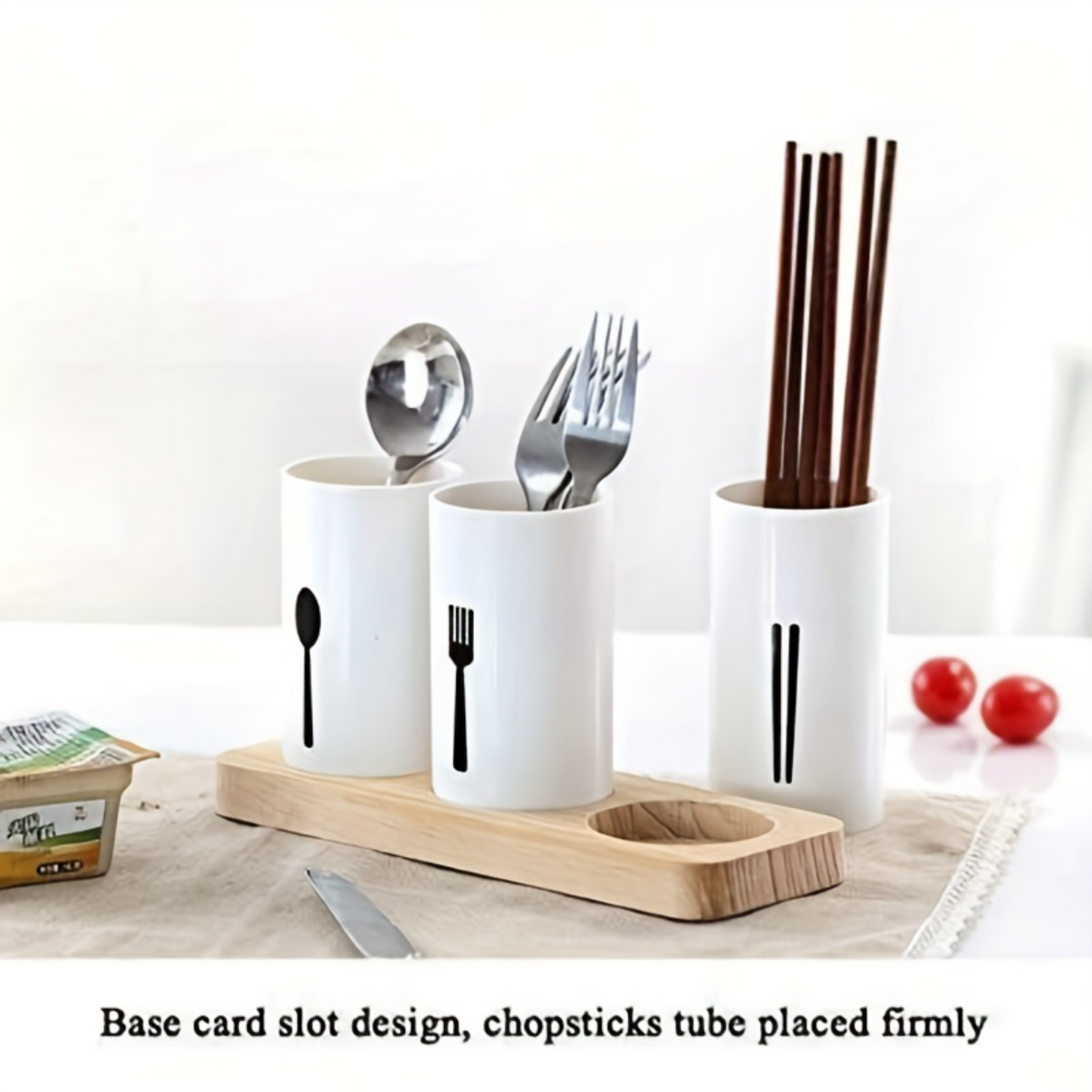 Plastic Cutlery Holder With Wood Tray (Premium Quality)
