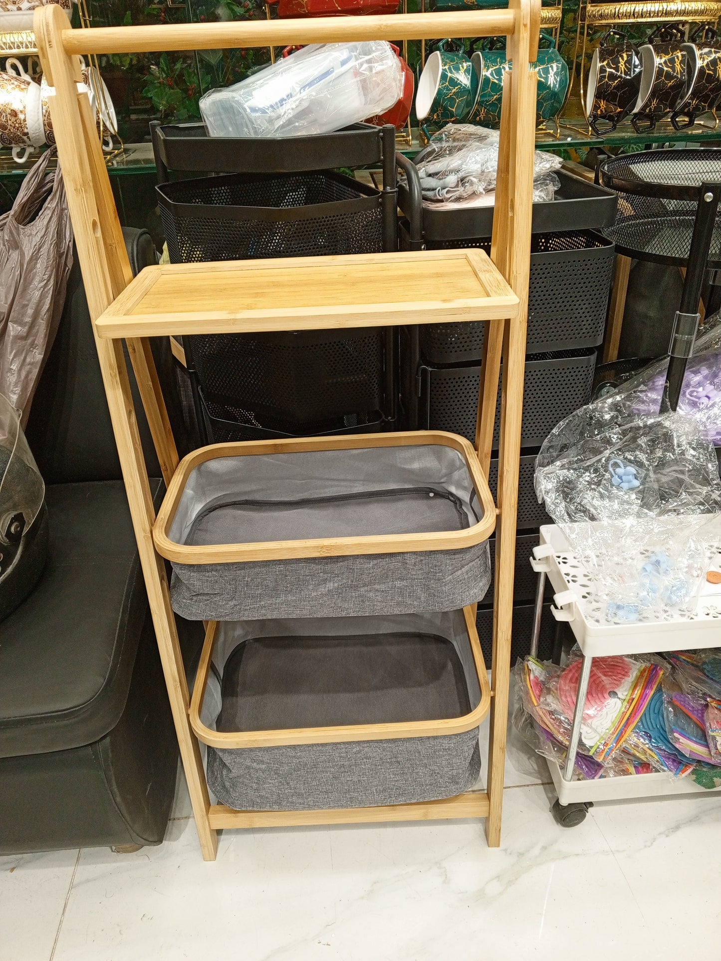 Bamboo Foldable Ladder Storage Shelf 3-Tier Organizer Shelves