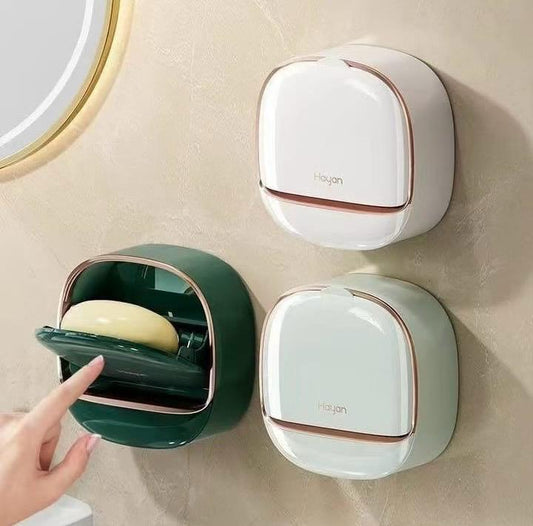 1Pcs Wall Mounted Soap Holder With Lid And Drain Tray