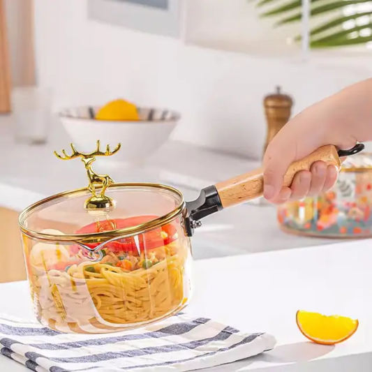 Heat Resistant Borosilicate Glass Cooking Pot Wooden Handle