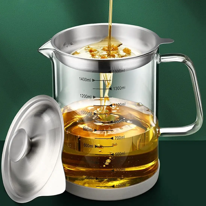 Glass Bacon Grease Container With Strainer Cooking Oil Bottle  (Premium Quality)