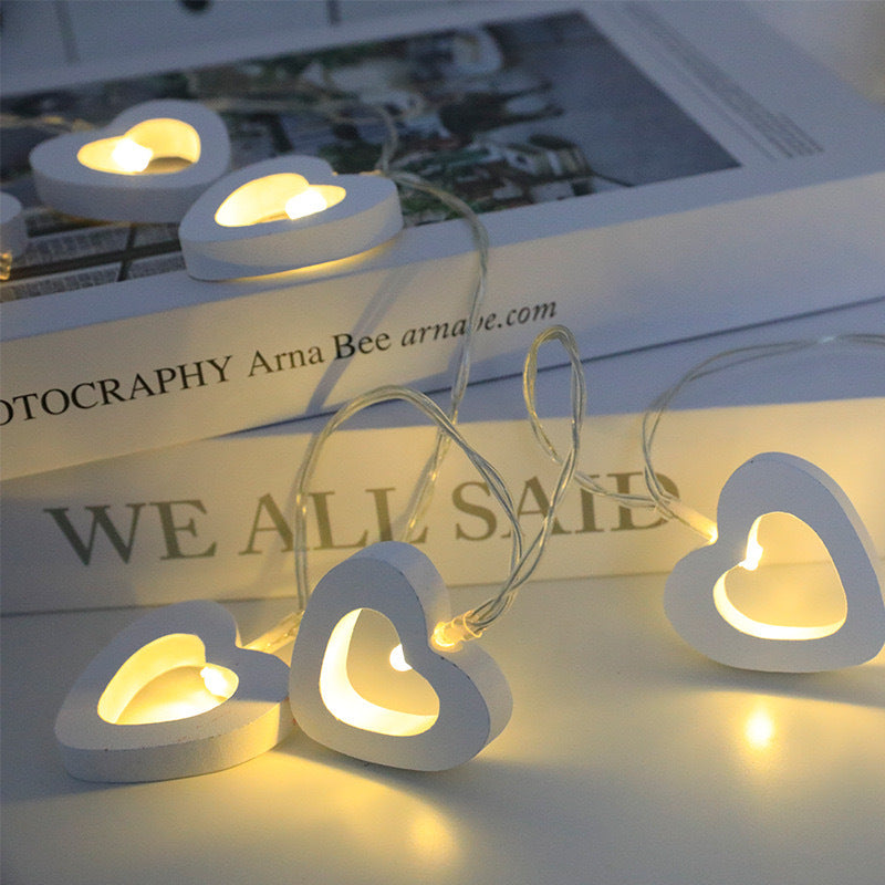 Wooden Heart Shaped String Lights (20) Cell+USB Operated